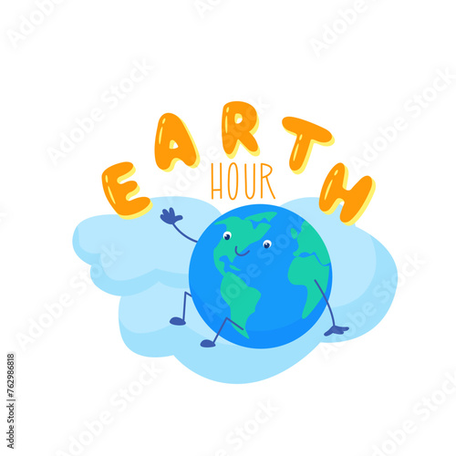 Earth Hour poster. The planet Earth in kawaii style is sitting on the clouds. Vector color illustration in flat style.