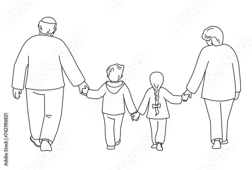 Grandparents are walking together with grandchildren. Back view. Vector isolated illustration in line style.