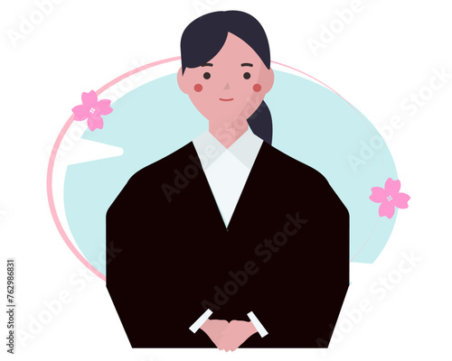  両手を組んで立つ新入社員の女性。春の新社会人。入社式。ベクターイラスト