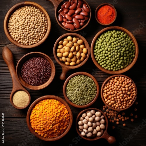 Top view of multicolored legumes in wooden cups on a dark background. Ingredients for vegetarian dishes. Beans, lentils, peas, chickpeas. Healthy eating concepts.