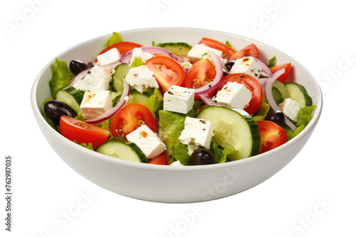 Fresh Salad With Cucumbers, Tomatoes, Olives, and Feta Cheese. On a White or Clear Surface PNG Transparent Background..