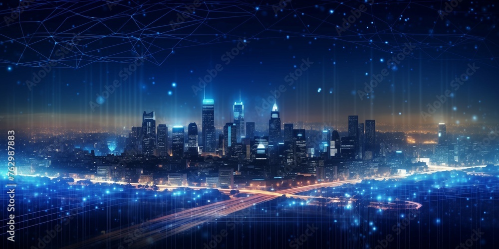 City Skyline at Dusk with Abstract Network Grid and Digital Wave, Symbolizing Global Connectivity and Tech Innovation City Skyline at Dusk with Abstract Network Grid and Digital Wave, Symbolizing Global Connectivity and Tech Innovation