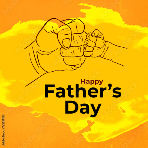 Illustration of a hand holding a child’s hand on a yellow background. Text reads "Father’s Day."
