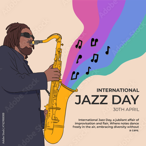 Illustration of a jazz musician playing saxophone on a pastel background with musical notes. Text reads "International Jazz Day."