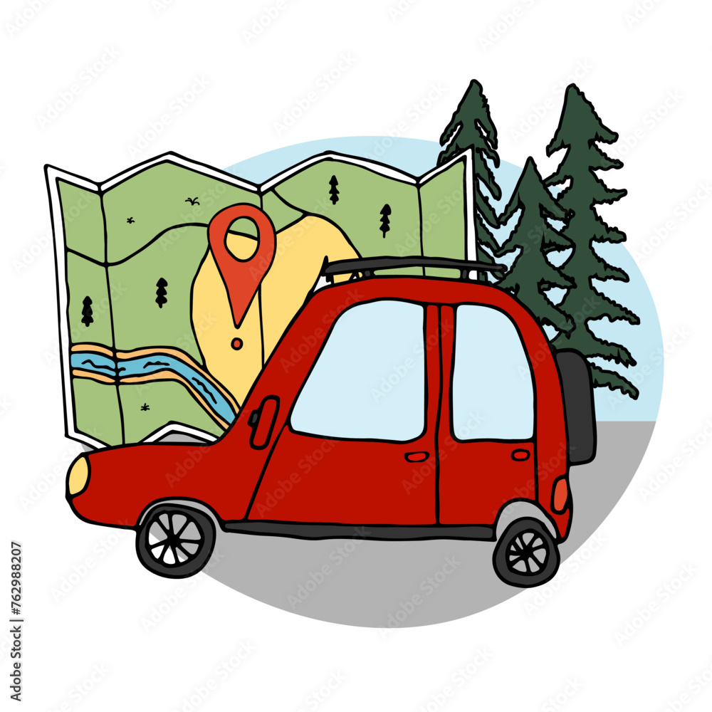 Big road map with red car, trees. Traveling on car to wild places