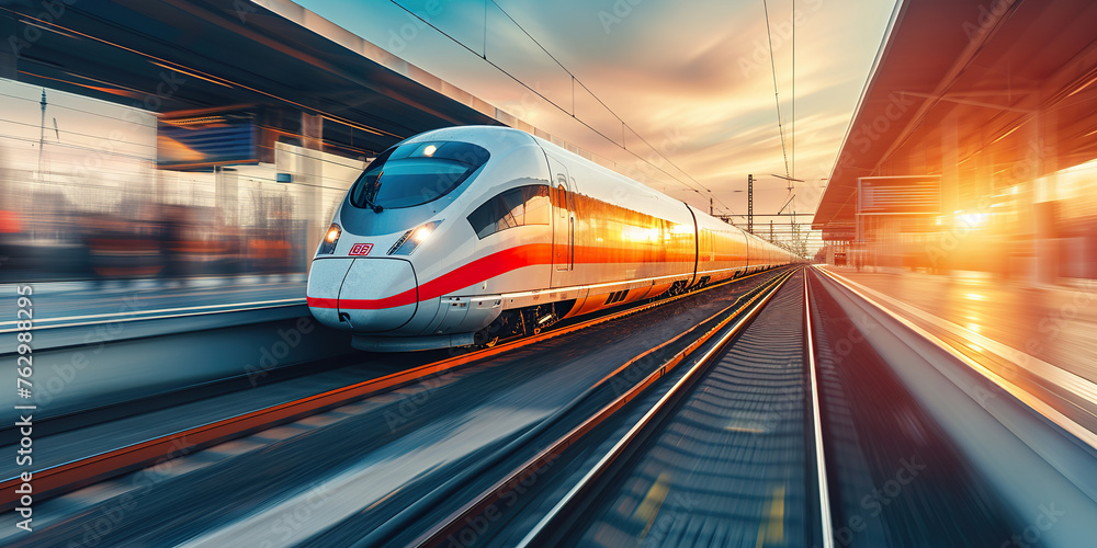 Modern high speed train in motion on railway Modern high speed train in motion on railway