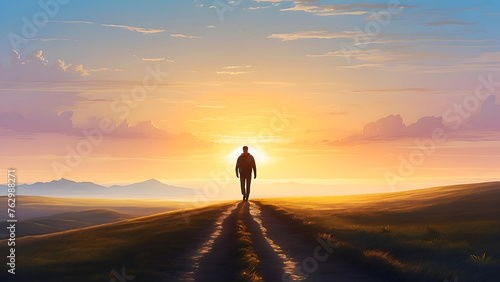 A human figure walking towards a sunrise, with the path illuminated, Background Image © Appu