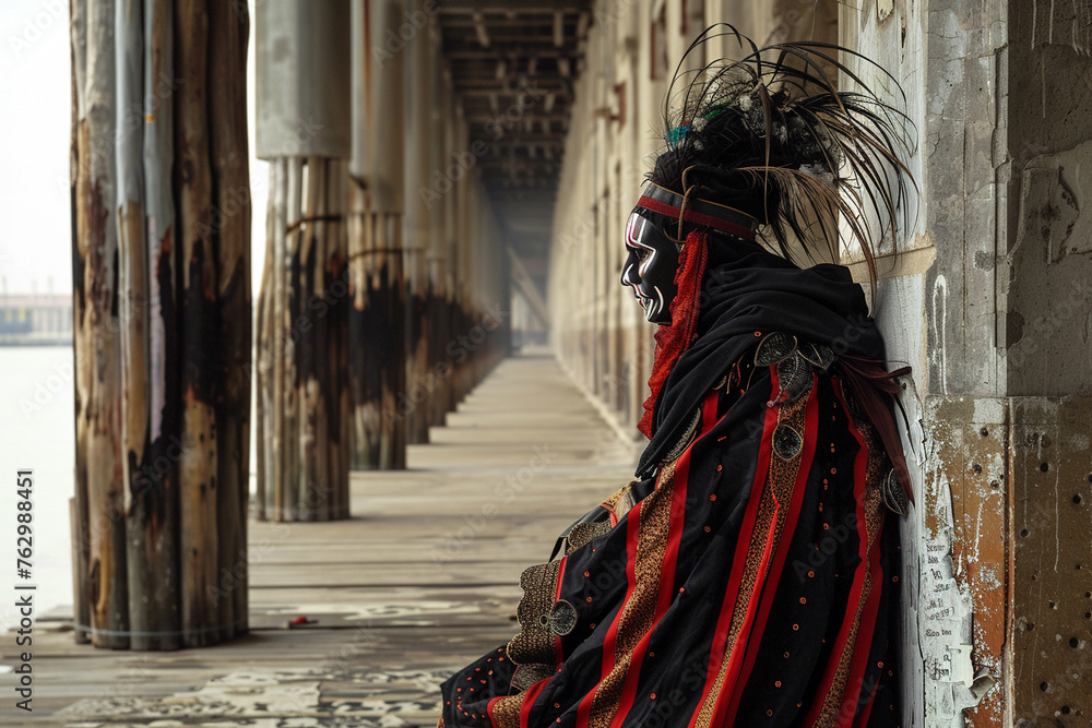 Lone figure in traditional Venetian costume post-apocalypse