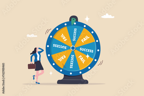 Success or failure, challenge to win opportunity, career or job risk to fail or achieve success, luck or fortune, winner or loser concept, businesswoman looking fortune wheel of success and fail. © Nuthawut