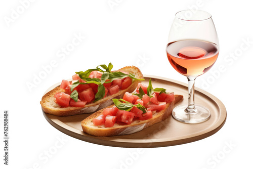 A Glass of Wine and Two Pieces of Bread on a Plate. On a White or Clear Surface PNG Transparent Background..