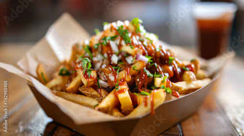 Canadian Poutine food dish with French fries and cheese curds topped with a brown gravy photo