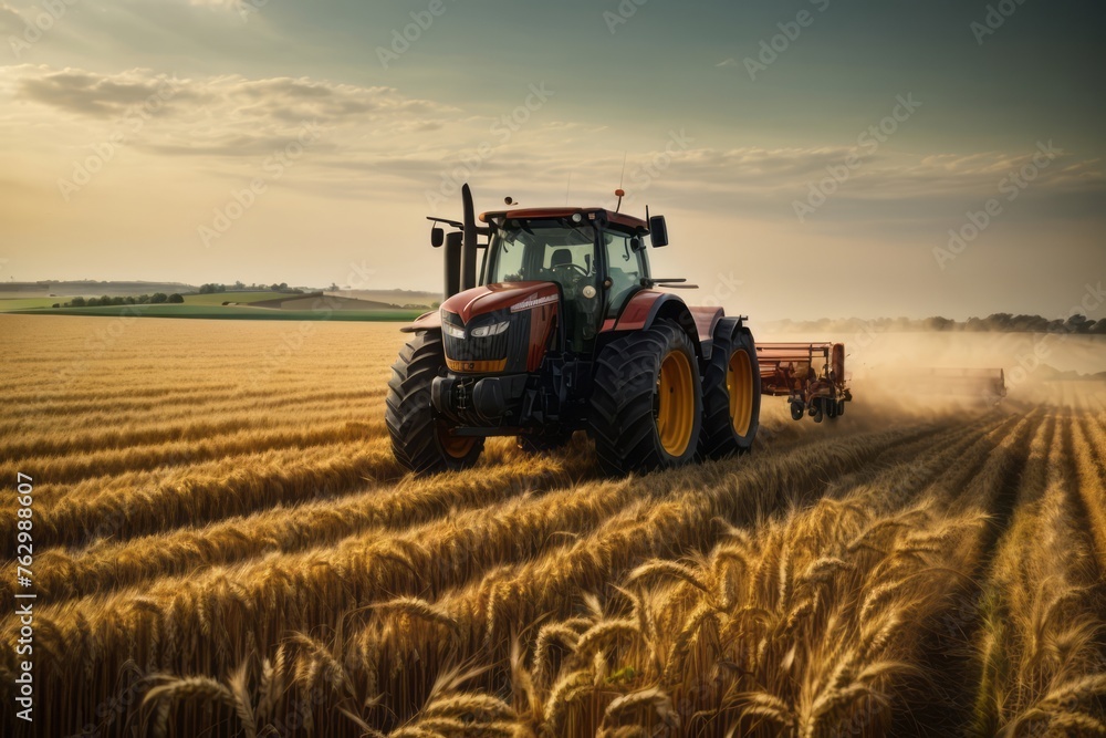 Fototapeta premium Tractor machines harvest wheat in rural wheat plantations to produce high productivity crops. agriculture, farming and harvesting concept