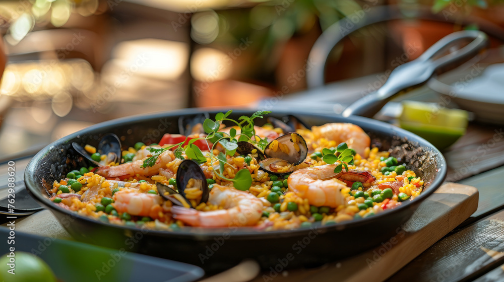 Spanish Paella dish on a table a Spain specialty rice dish originally from the Valencian Community Spanish Paella dish on a table a Spain specialty rice dish originally from the Valencian Community
