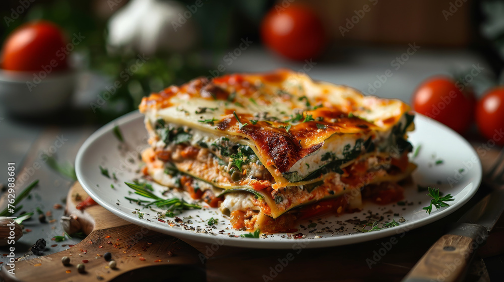 Veggie lasagna dish on a table showing the Italian traditional food made of layers of lasagna pasta and vegetables Veggie lasagna dish on a table showing the Italian traditional food made of layers of lasagna pasta and vegetables