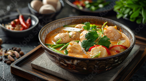 Massaman curry dish on a table , a rich, flavourful, and mildly spicy Thai curry photo