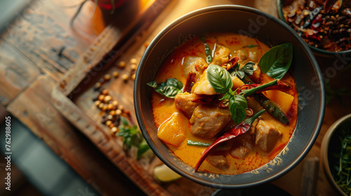 Massaman curry dish on a table , a rich, flavourful, and mildly spicy Thai curry