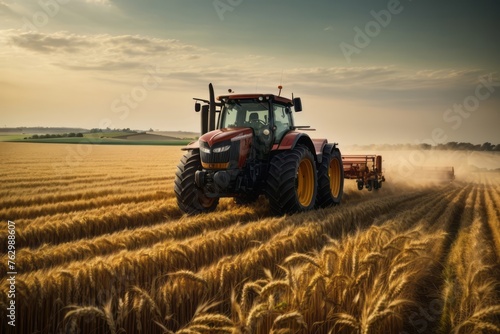 Tractor machines harvest wheat in rural wheat plantations to produce high productivity crops. agriculture, farming and harvesting concept