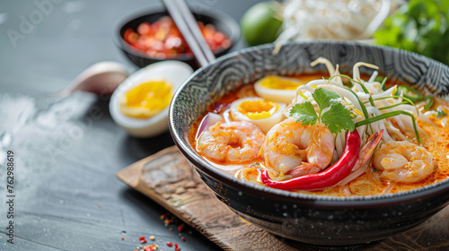 Penang assam laksa dish on a table a Malaysian spicy noodle dish popular in Southeast Asia