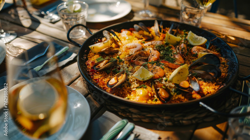Spanish Paella dish on a table a Spain specialty rice dish originally from the Valencian Community photo