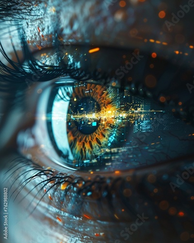 Capture a close-up shot of a human eye reflecting futuristic elements like technological advancements, symbolizing the intersection of humanity and innovation