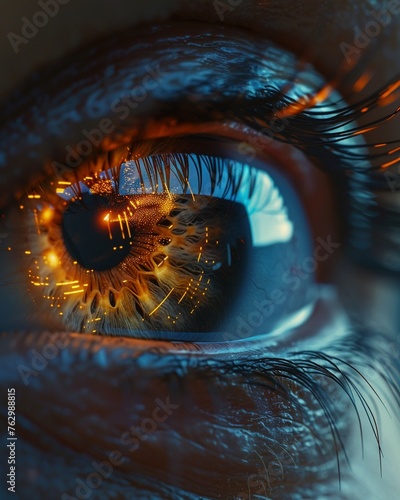 Capture a close-up shot of a human eye reflecting futuristic elements like technological advancements, symbolizing the intersection of humanity and innovation © PrusarooYakk
