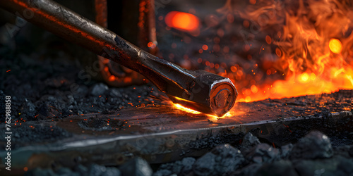 A worker cutting steel using metal torch, Blacksmith furnace with burning coals, tools, and glowing hot metal workpieces, 
