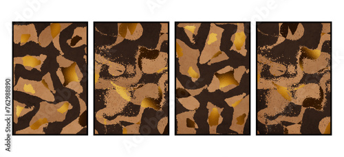 Set of 4 Abstract art. Artistic illustration for printing. The Art of the Golden Wall. Modern interior design. Vintage grunge old .