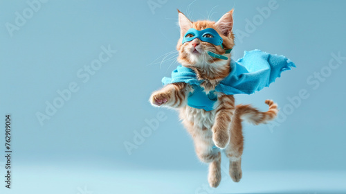 superhero cat with a blue cloak and mask jumping and flying on light blue background with copy space. © Aqsa
