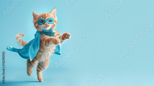 superhero cat with a blue cloak and mask jumping and flying on light blue background with copy space. © Aqsa