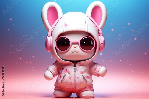 Bunny in Pink Outfit With Headphones