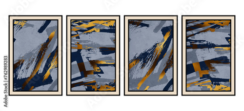 Set of 4 Abstract art. Artistic illustration for printing. The Art of the Golden Wall. Modern interior design. Vintage grunge old .