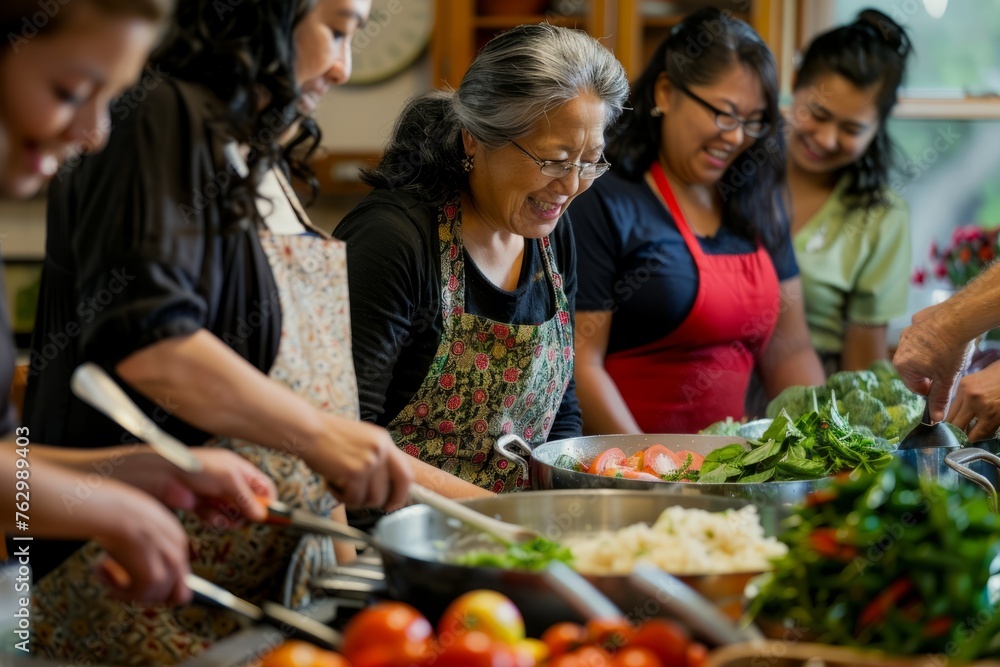 Community Kitchen Scene: Diverse Individuals Sharing Recipes