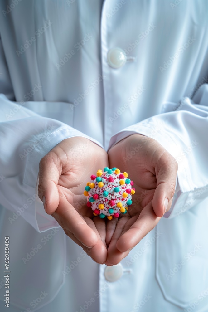 Close-up of doctor hands in gloves in white medical coat, holding a colorful virus. Research and healthcare combat against infectious diseases concept. Close-up of doctor hands in gloves in white medical coat, holding a colorful virus. Research and healthcare combat against infectious diseases concept.