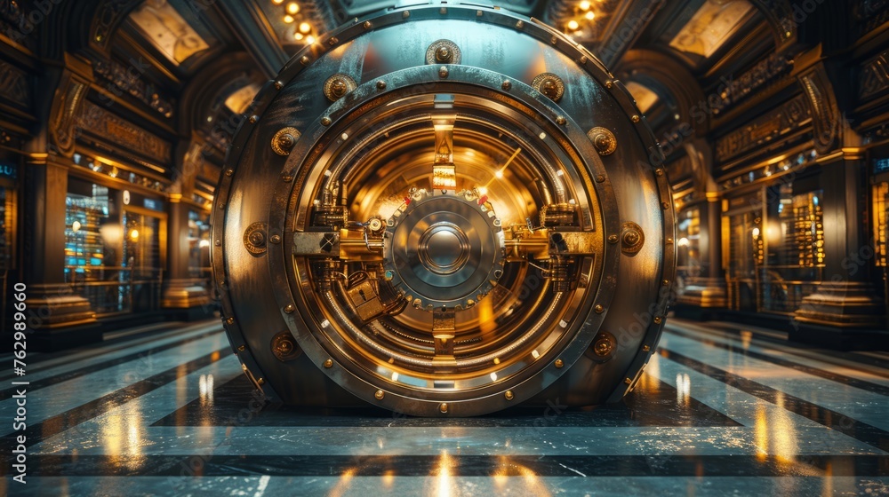 Obraz premium A fortress of finance: Impressive bank vault door symbolizing ultimate protection against crime, with a touch of artistic lighting