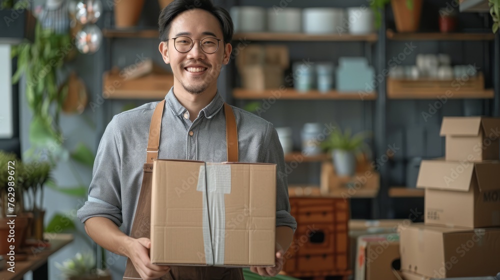 Young Asian man is holding big box of goods in his hands, smiling and standing at the desk wearing an apron with several cardboard box on shelves behind him. Online sales marketing concept Young Asian man is holding big box of goods in his hands, smiling and standing at the desk wearing an apron with several cardboard box on shelves behind him. Online sales marketing concept