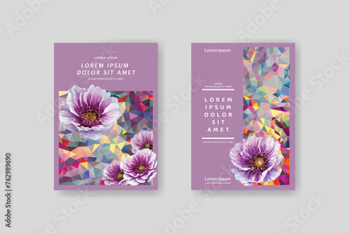 Low poly vertical abstract spring colorful purple, pink flyers with flowers, collections of A4 size covers