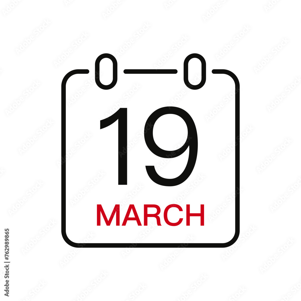 March 19 date on the calendar, vector line stroke icon for user interface. Calendar with date, vector illustration. March 19 date on the calendar, vector line stroke icon for user interface. Calendar with date, vector illustration.
