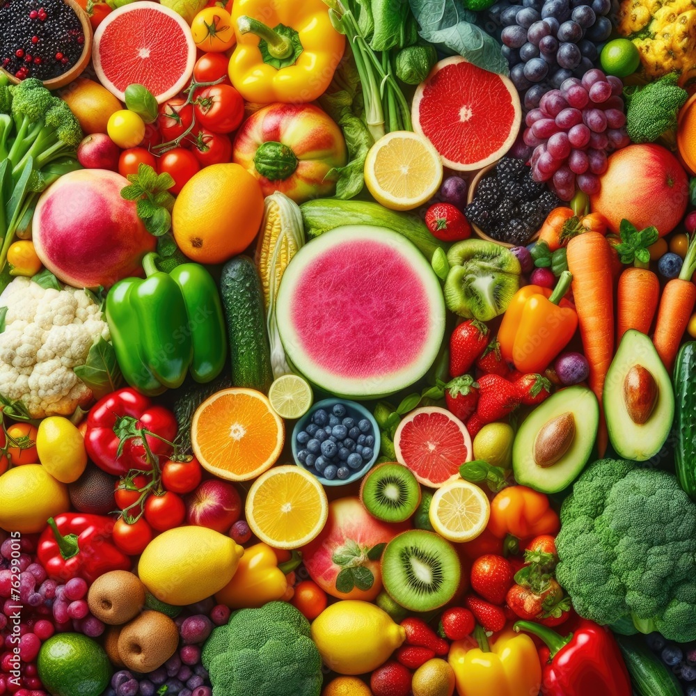 Colorful raw fruits and vegetables varied vegan food Colorful raw fruits and vegetables varied vegan food