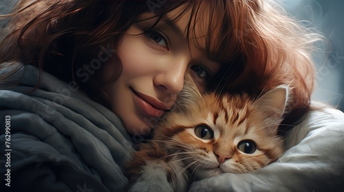 A young girl is holding a cute kitten in her arms. Best friend  friendship between an animal and a human  caring.