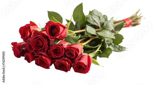 Bright red roses lie on white isolated background