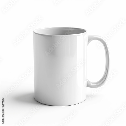 White coffee mug with a handle on a white surface, Styled mockup. Generated AI 
