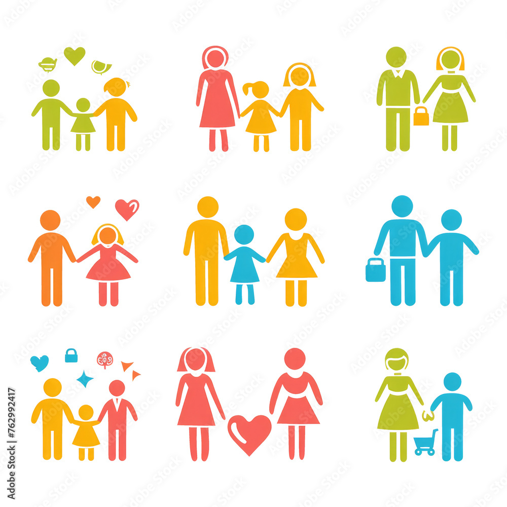 happy family icons, symbols collection on transparent