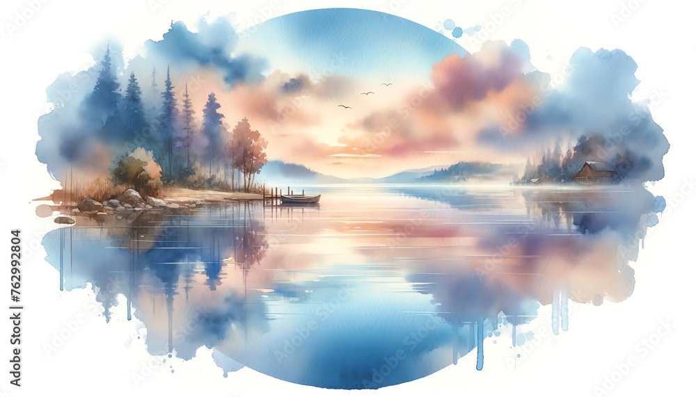 Watercolor Painting of a Calm Lake Wallpaper