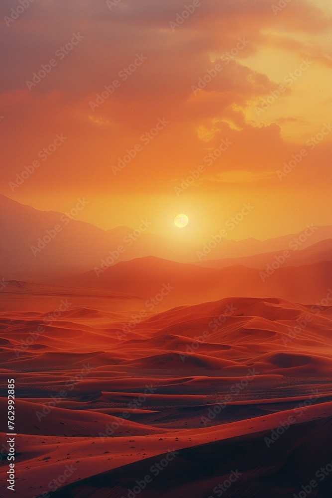 A mystical surreal sandy landscape in red and orange tones in the desert at dawn or sunset. Futuristic terrain A mystical surreal sandy landscape in red and orange tones in the desert at dawn or sunset. Futuristic terrain
