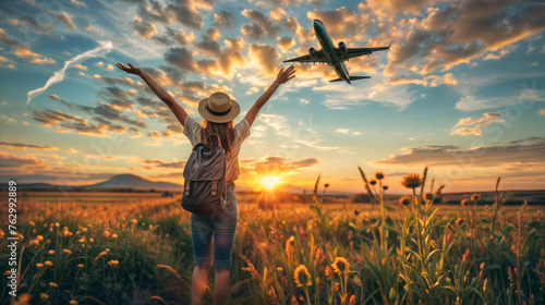 Woman traveler with backpack and hat standing on meadow and holding airplane in hand. photo