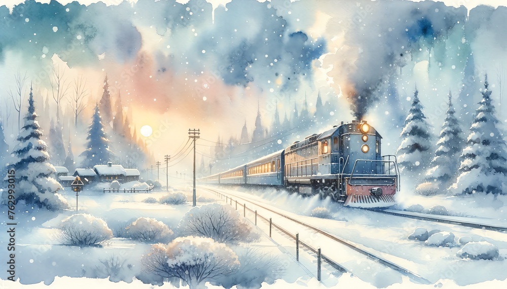 Watercolor Painting of a Train Crossing in Winter Wallpaper