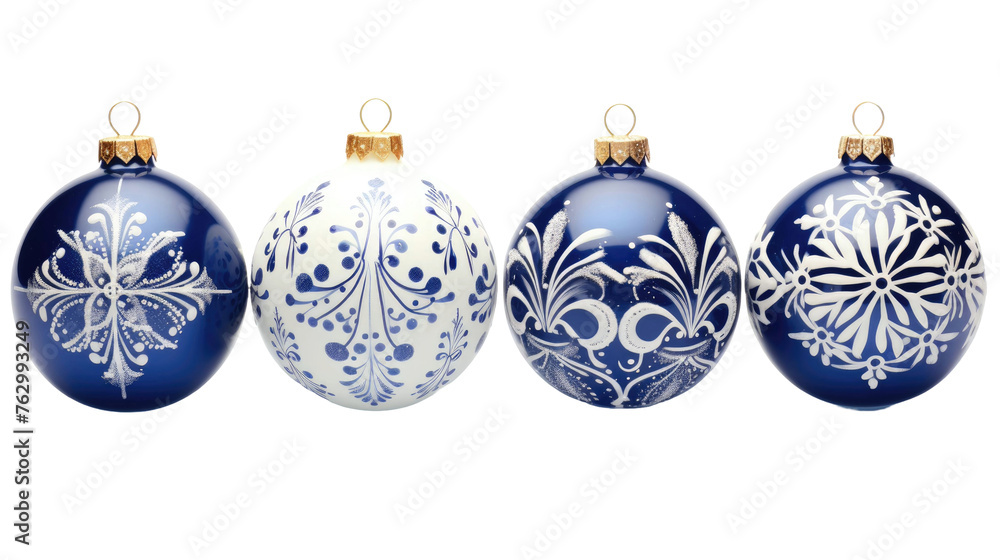 Christmas ornaments in blue on a white isolated background