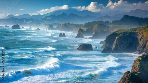 A rugged coastline battered by crashing waves photo