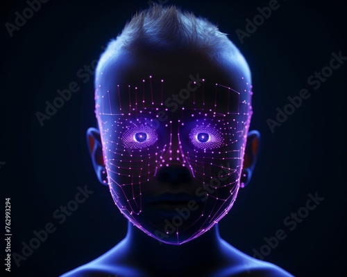 A child's face is shown in a computer screen with a blue eye and a red dot on the nose
