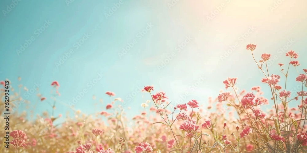 Vivid pink wildflowers flourishing under a clear blue sky, depicting a perfect sunny day in nature.